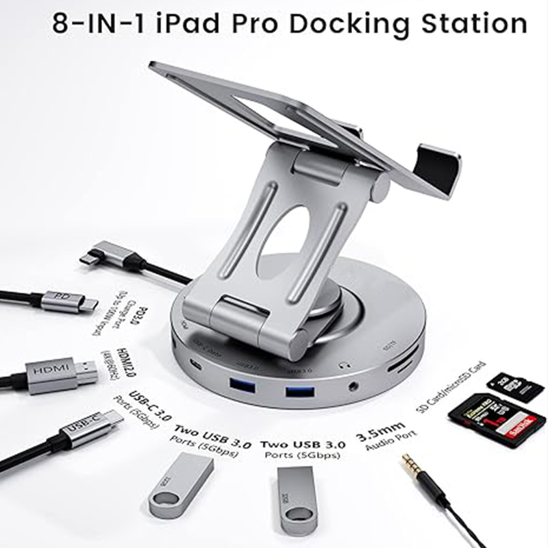 China USB C Hub for iPad Pro Docking Station, 8-in-1 Rotatable Folding Type-C Tablet Stand with 4K HDMI, USB C 3.0 Data Port manufacturer
