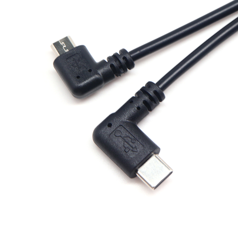 الصين كابل مقسم USB بزاوية يسارية 90 درجة USB 2.0 A ذكر إلى ثنائي الزاوية من النوع C Micro USB 5p سلك محول مزامنة الشحن الصانع