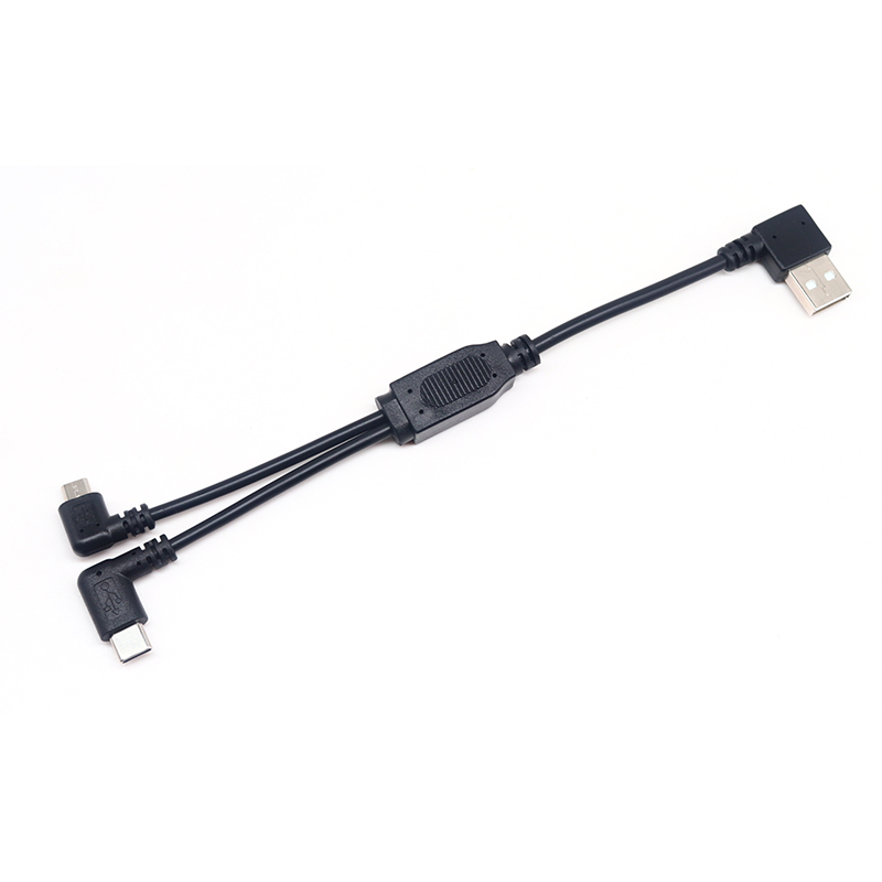 الصين كابل مقسم USB بزاوية يسارية 90 درجة USB 2.0 A ذكر إلى ثنائي الزاوية من النوع C Micro USB 5p سلك محول مزامنة الشحن الصانع