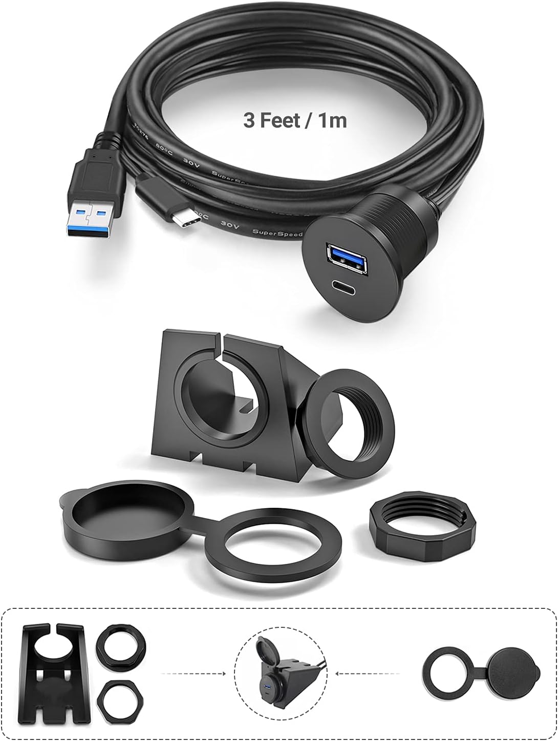 China USB 2.0 Waterproof Panel Mount Dash Cable USB 3.0 Type C for Motorcycle - Factory Direct, Customizable by Manufacturer manufacturer