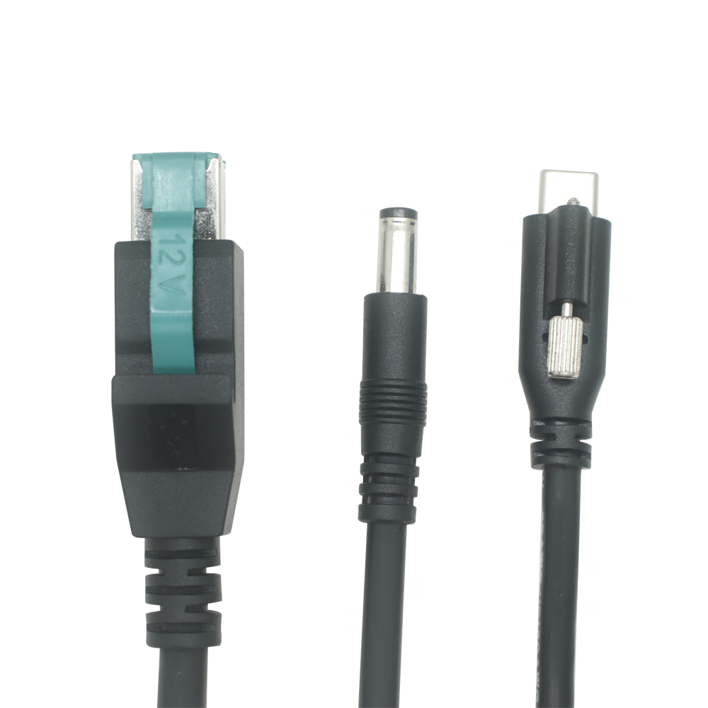 12V PoweredUSB Erkek - USB Tip-C Erkek, Vidalı Kilit + DC Erkek Güç Kablosu | Özel 12V Güç USB'den C Tipi Kablo Üreticisine