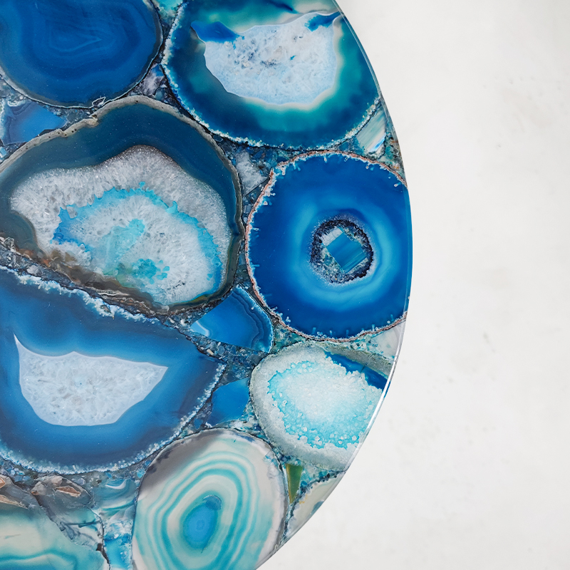 Tavolino di lusso in agata blu, tavolo in pietra semipreziosa con mobili in pietre preziose naturali