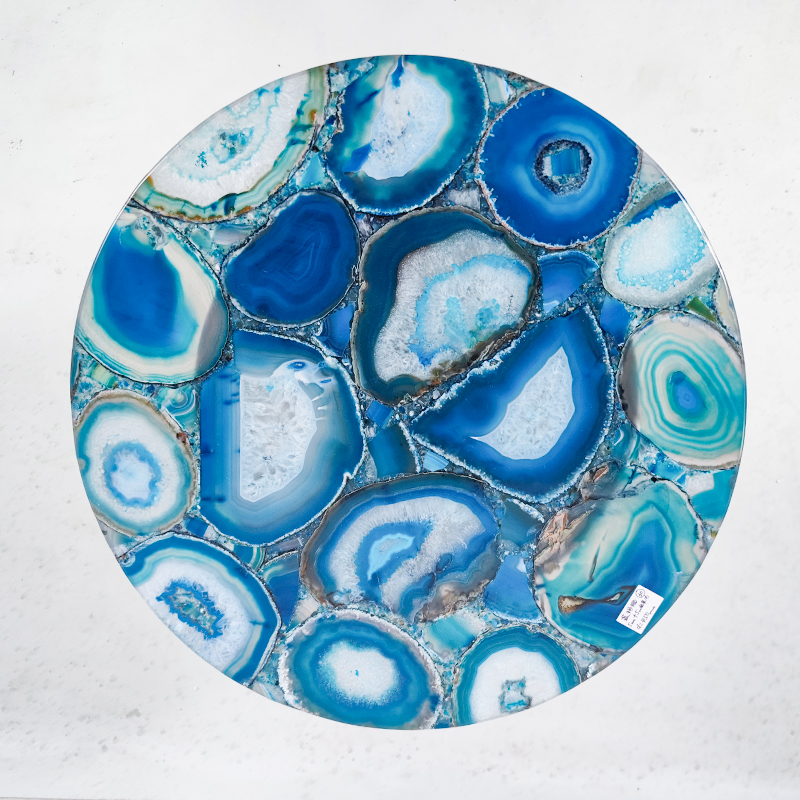 Tavolino di lusso in agata blu, tavolo in pietra semipreziosa con mobili in pietre preziose naturali