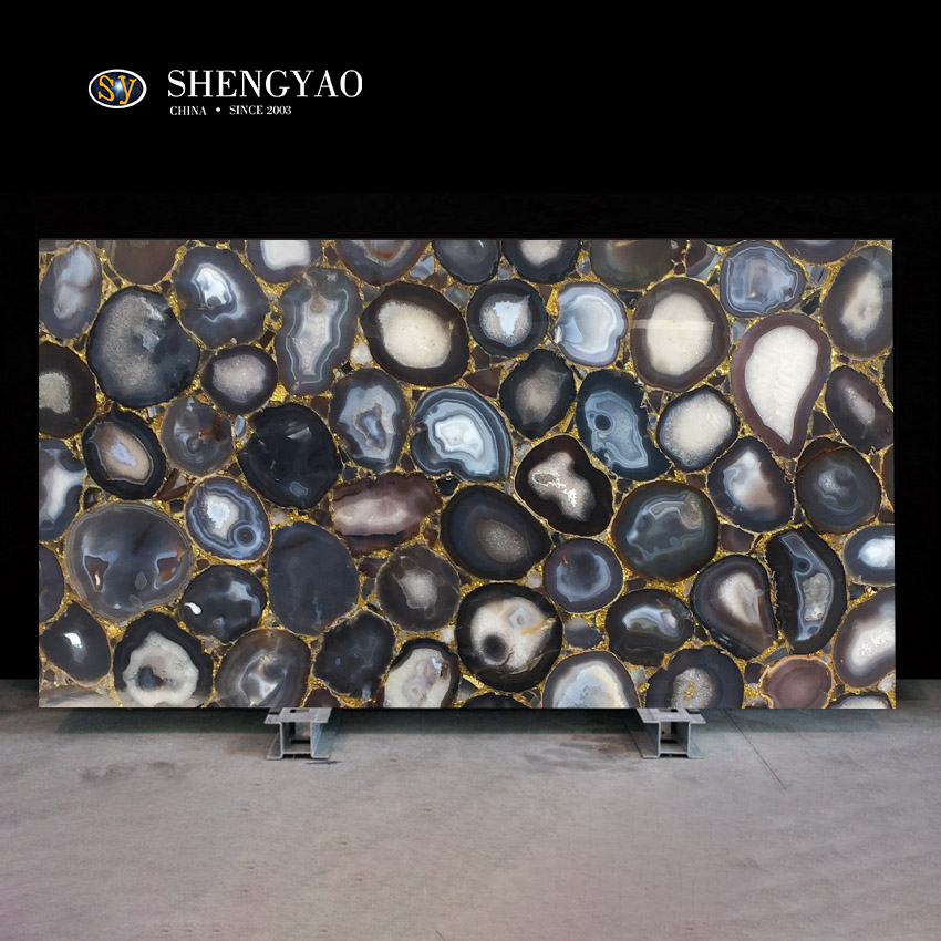 Large Solid Grey/Brown Agate Stone Slabs With Gold Foil,Agate Slab Factory China