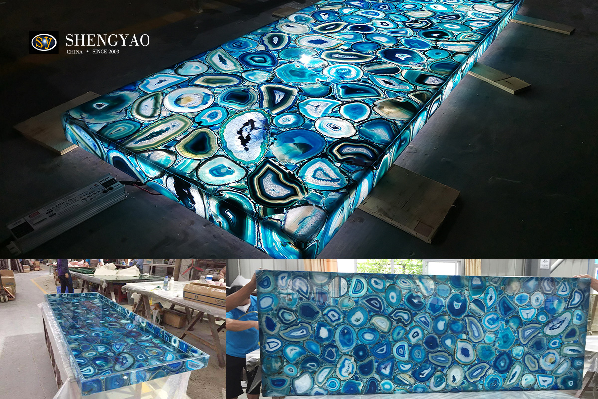 backlit blue agate stone countertop