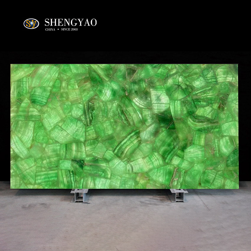 Solid Surface Backlit Green Fluorite Slabs | Translucent Crystal Semi Precious Stone Slabs Manufacturer China