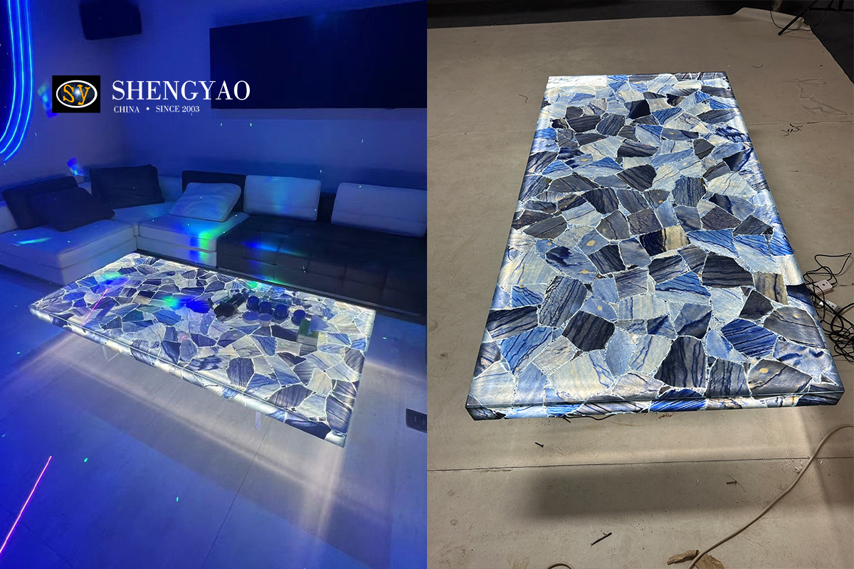 Natural Backlit Translucent Blue Aventurine Center Table