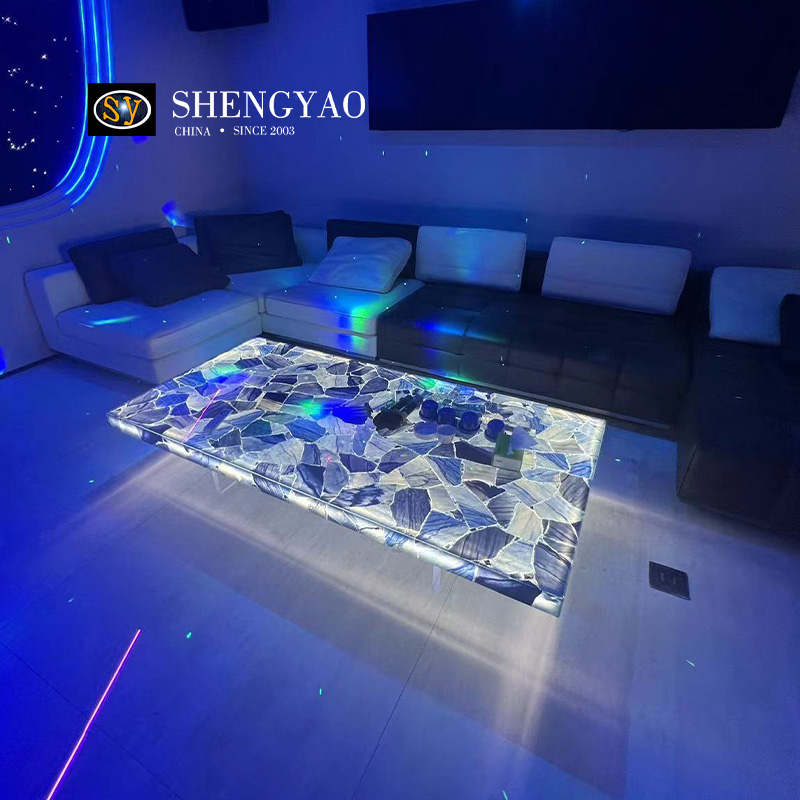 Natural Backlit Blue Aventurine Center Table,Translucent Semi Precious Stone Countertop
