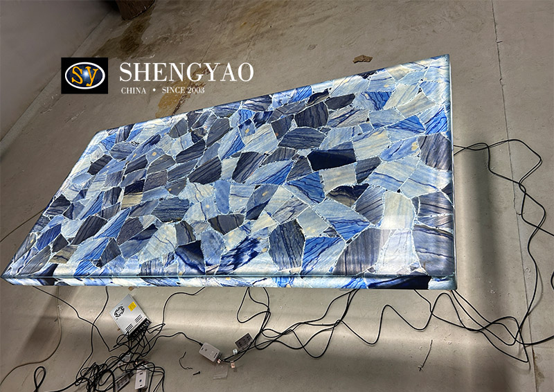 Natural Backlit Blue Aventurine Center Table,Translucent Semi Precious Stone Countertop