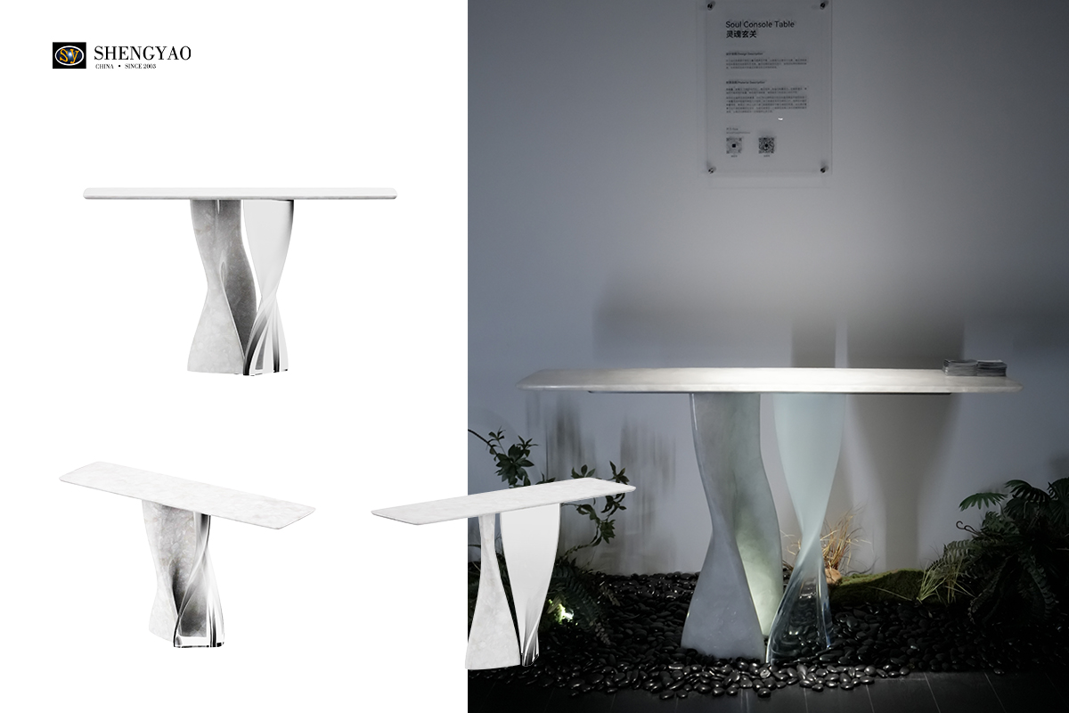 white crystal quartz console table