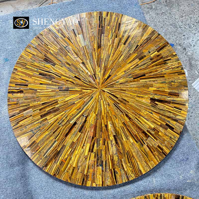 Dessus de table rond en pierre d'oeil de tigre jaune, usine de table en pierre semi-précieuse