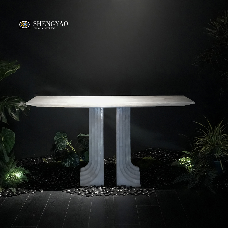 Mesa consola de cuarzo cristalino blanco con forma de π