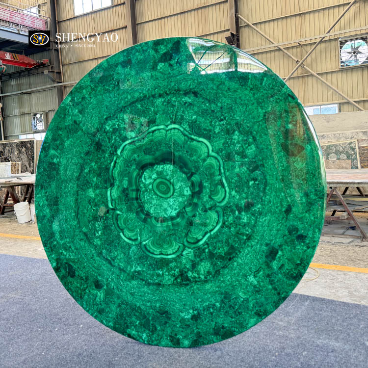 سطح طاولة مستدير من حجر الملكيت الأخضر الطبيعي