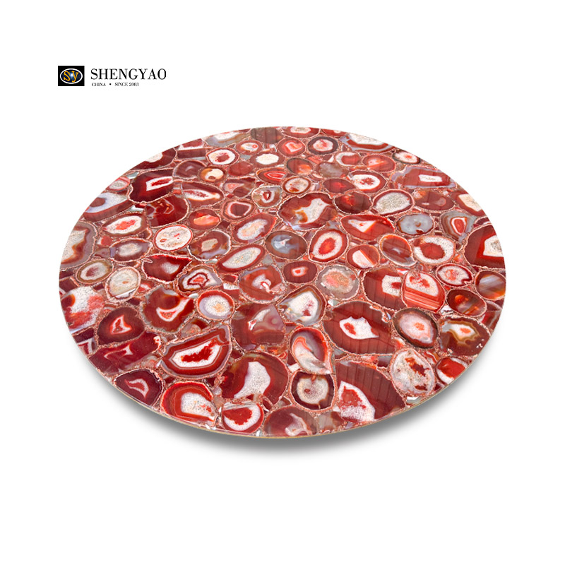 Tableau de pierre d'agate rouge rond naturel, usine de table en pierre semi-précieuse