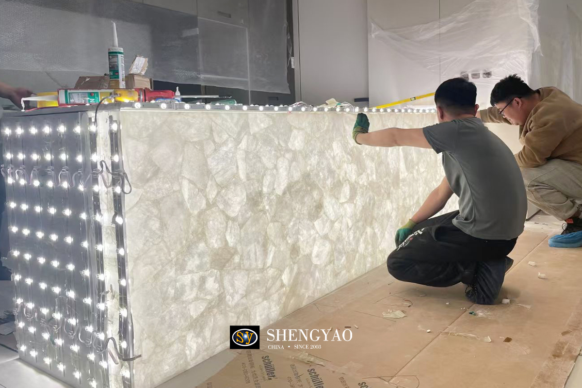 natural clear quartz backlit bar counter