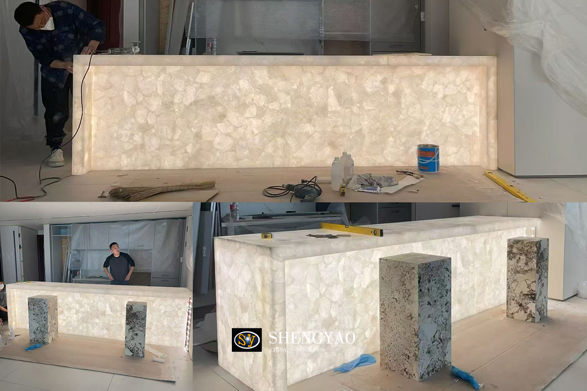 White semi precious stone isalnd countertop