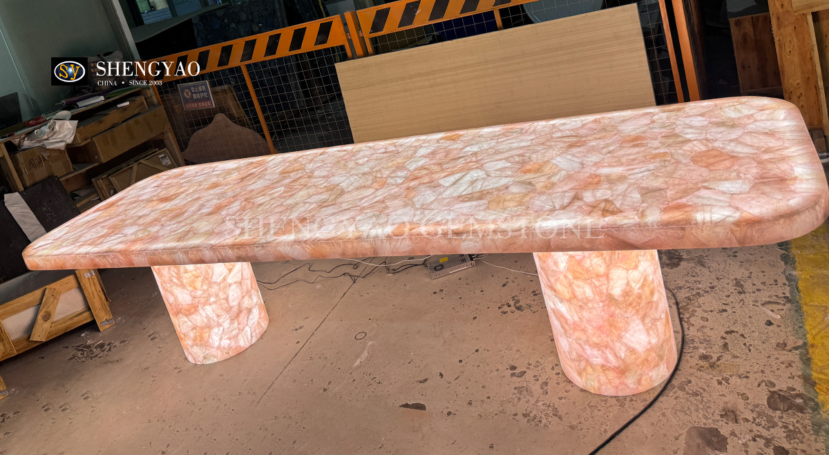 backlit pink crystal translucent rose quartz dining table
