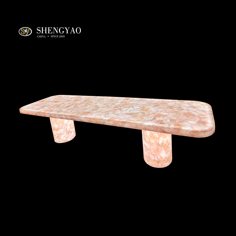 天然半透明のバラ石英ダイニングテーブル、バックライトの半貴石家具