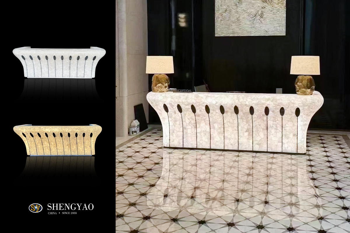 Backlit White Crystal Clear Quartz Reception Desk bar counter