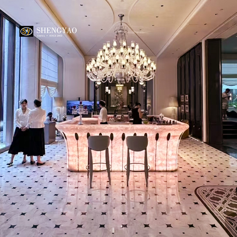 Rose Quartz Backlit Bar Counter,Pink Crystal Translucent Reception Desk