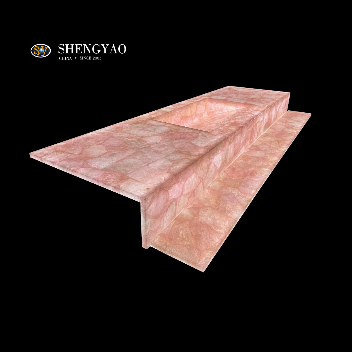 Vanité de quartz rose rétro-éclairée, puits de pierre translucide en cristal rose