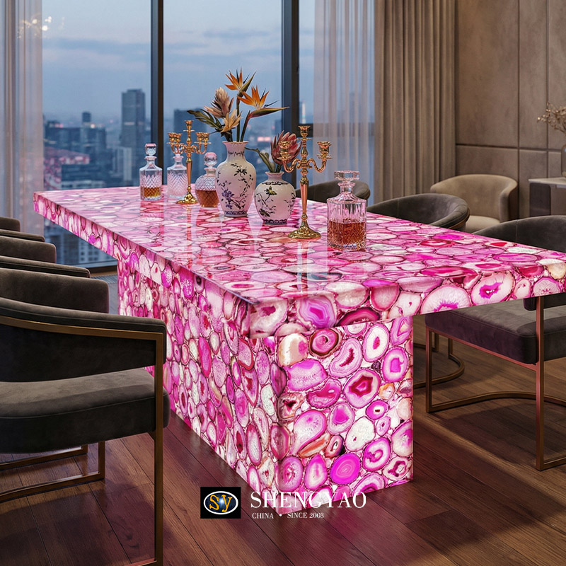 Pink Agate Backlit Dining Table, Translucent Semi Precious Stone Furniture