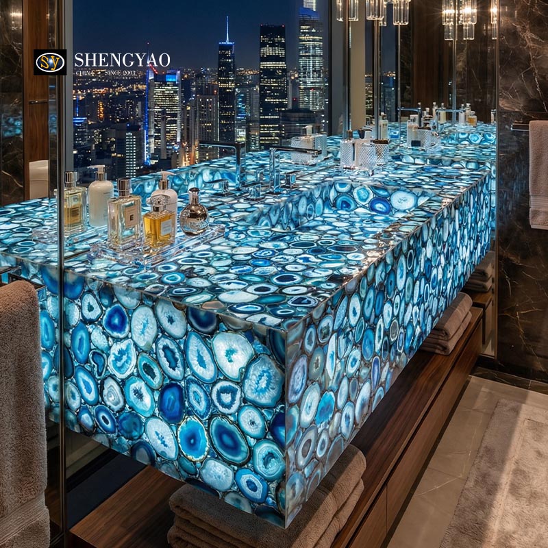 Lavabo retroilluminato in agata blu per interni di lusso