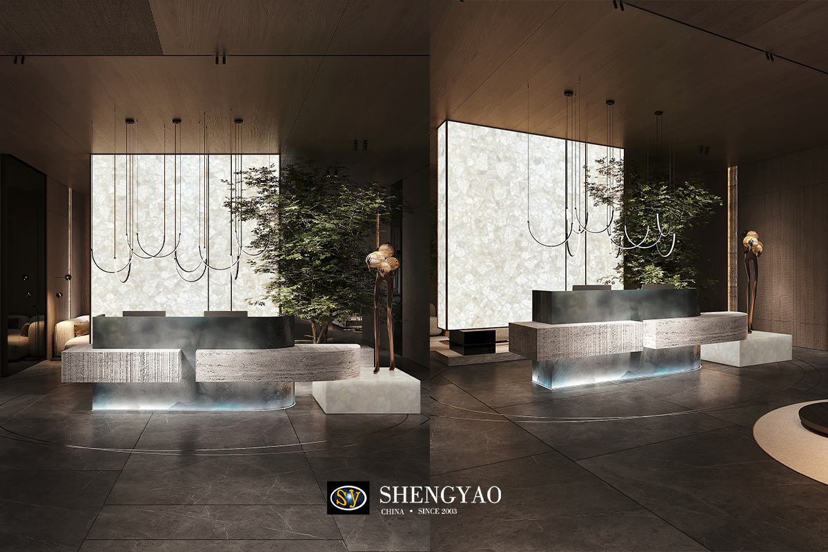 backlit white crystal quartz feature wall