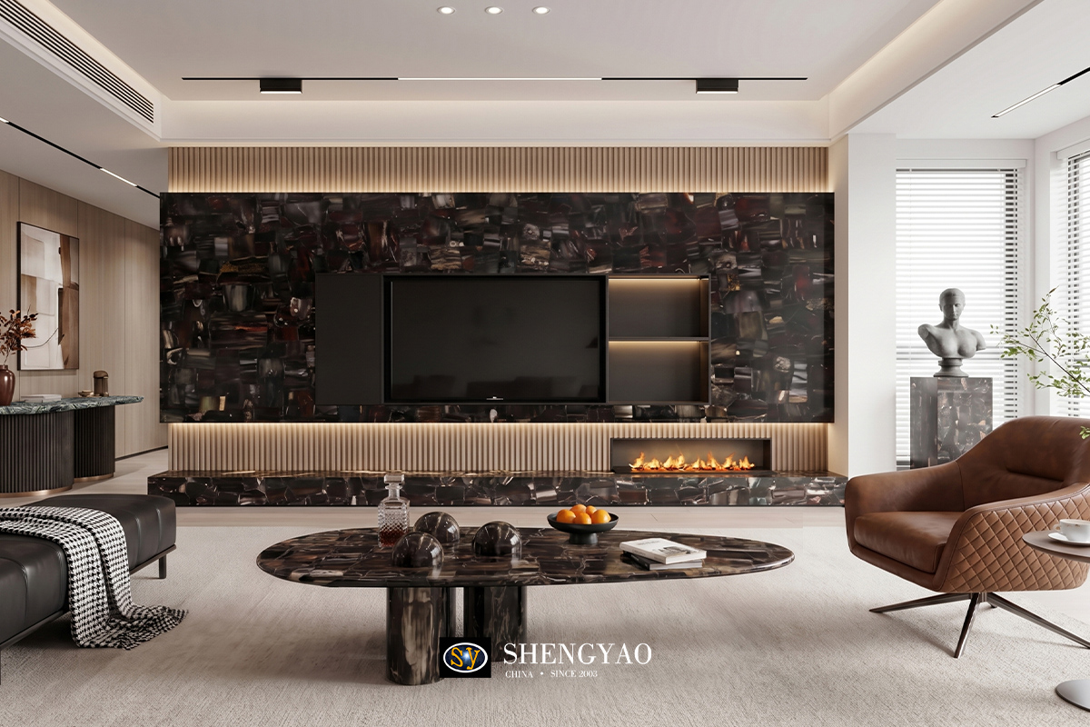 luxury gemstone furniture black petrified wood center table