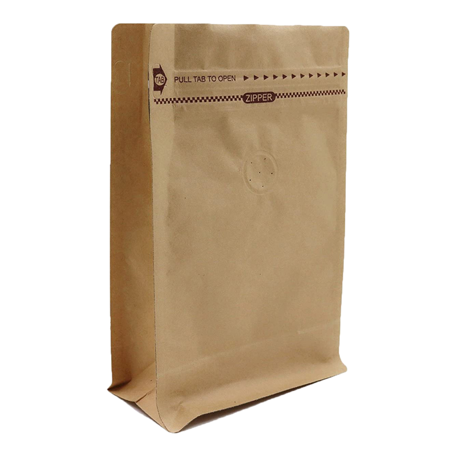 Kraft Paper Flat Bottom Coffee Pouch with One Way Degassing Valve and Reusable Side Zipper