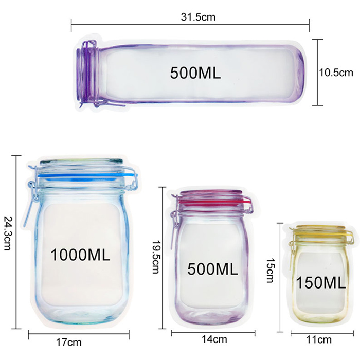 스탠드 업 클리어 프론트 메이슨 항아리 패턴 지퍼 Mylar 가방 플라스틱 파우치 귀여운 병 모양 재사용 가능한 가방