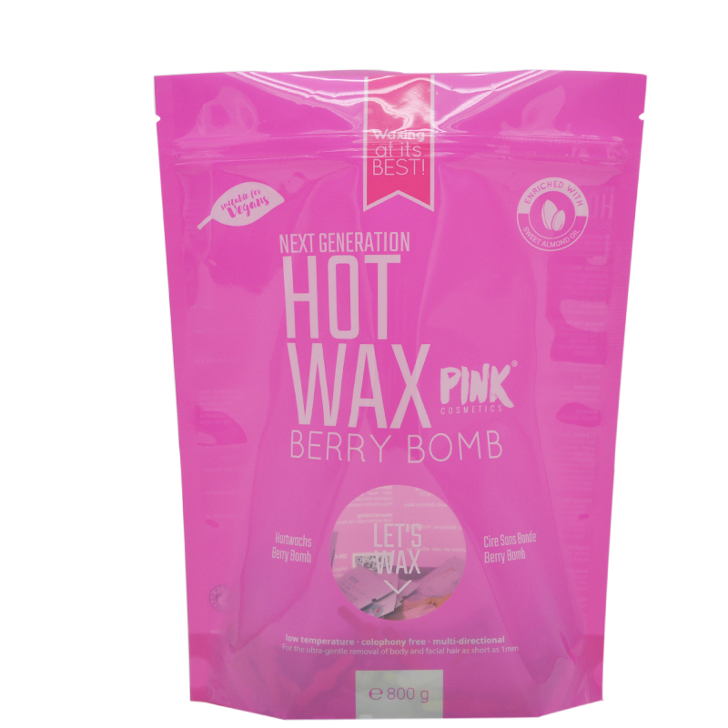 custom printed pink stand up ziplock pouch wax packaing bags with clear window