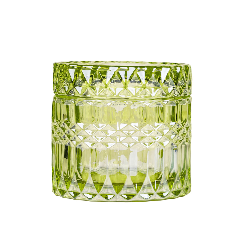 ふた付きエンボスグリーンスプレー高級ガラスキャンドル容器