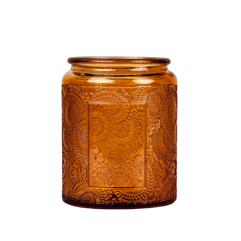 Frasco de vela âmbar Boticário com tampa de lata para velas perfumadas