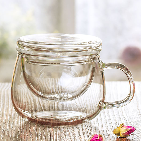 Taza de té de vidrio de bososilicato sostenible 10 oz con filtro de vidrio
