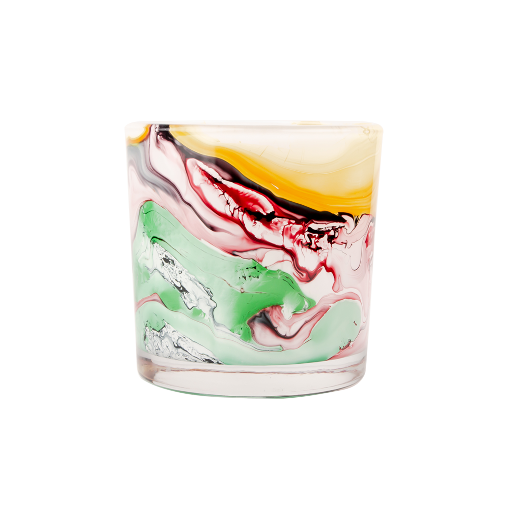 Exklusives, mit Wasserfarben verziertes Kerzengefäß aus Glas in großen Mengen