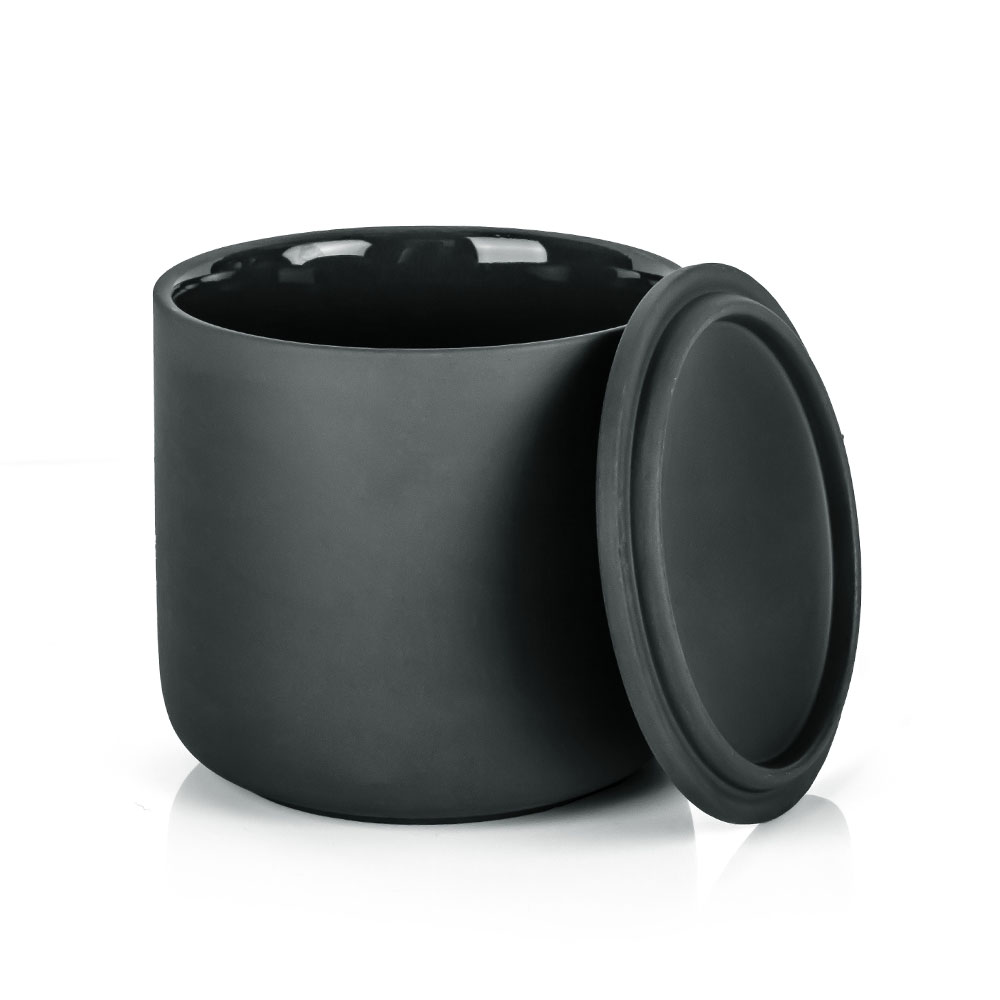 Klassisches Kerzengefäß aus mattschwarzer Keramik mit Deckel