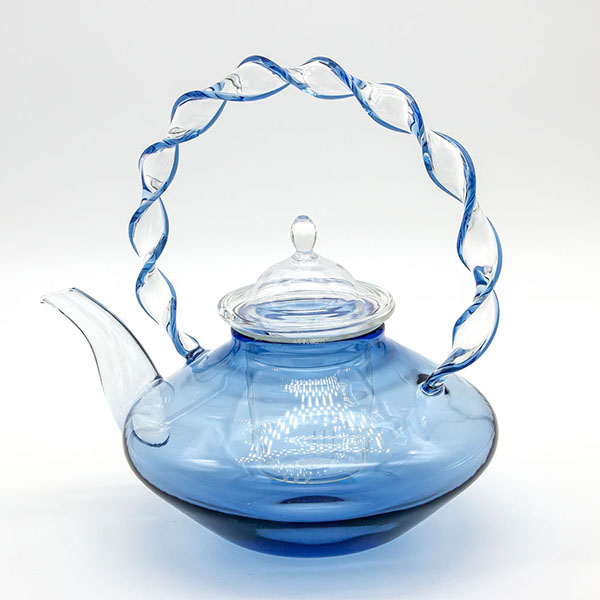 Heat Resistant Blue Borosilicate Tea Pot with Spirl Handle and Removable Glass Infuser