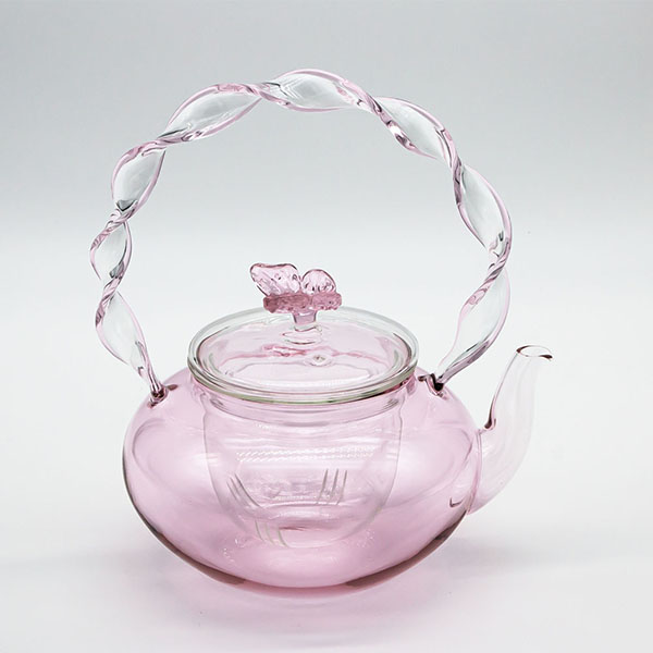高ホウケイ酸ピンク ティーポット スパイラル ハンドルとガラス製インフューザー付き