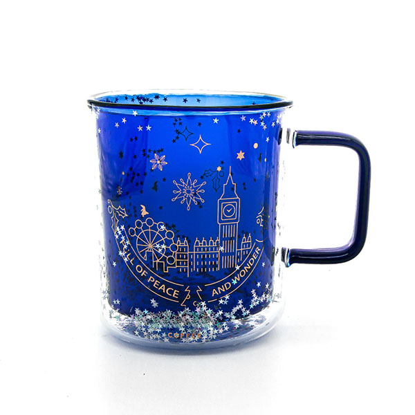 ハイエンド ブルー グリッター装飾二重壁コーヒー マグ 13 オンス