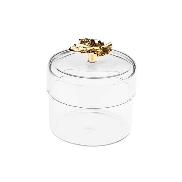 Portacandele in vetro borosilicato con decorazione in metallo sul coperchio