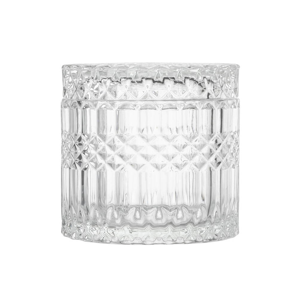 17オンス クリア クリスタル カット ガラス ジオ ダイヤモンド パターン 小物入れ 平蓋付き