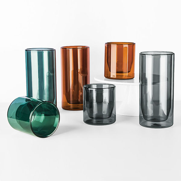 حامل شموع زجاجي مزدوج الجدار من البورسليكات الفاخر المخصص باللون الأزرق المخضر والرمادي والعنبر