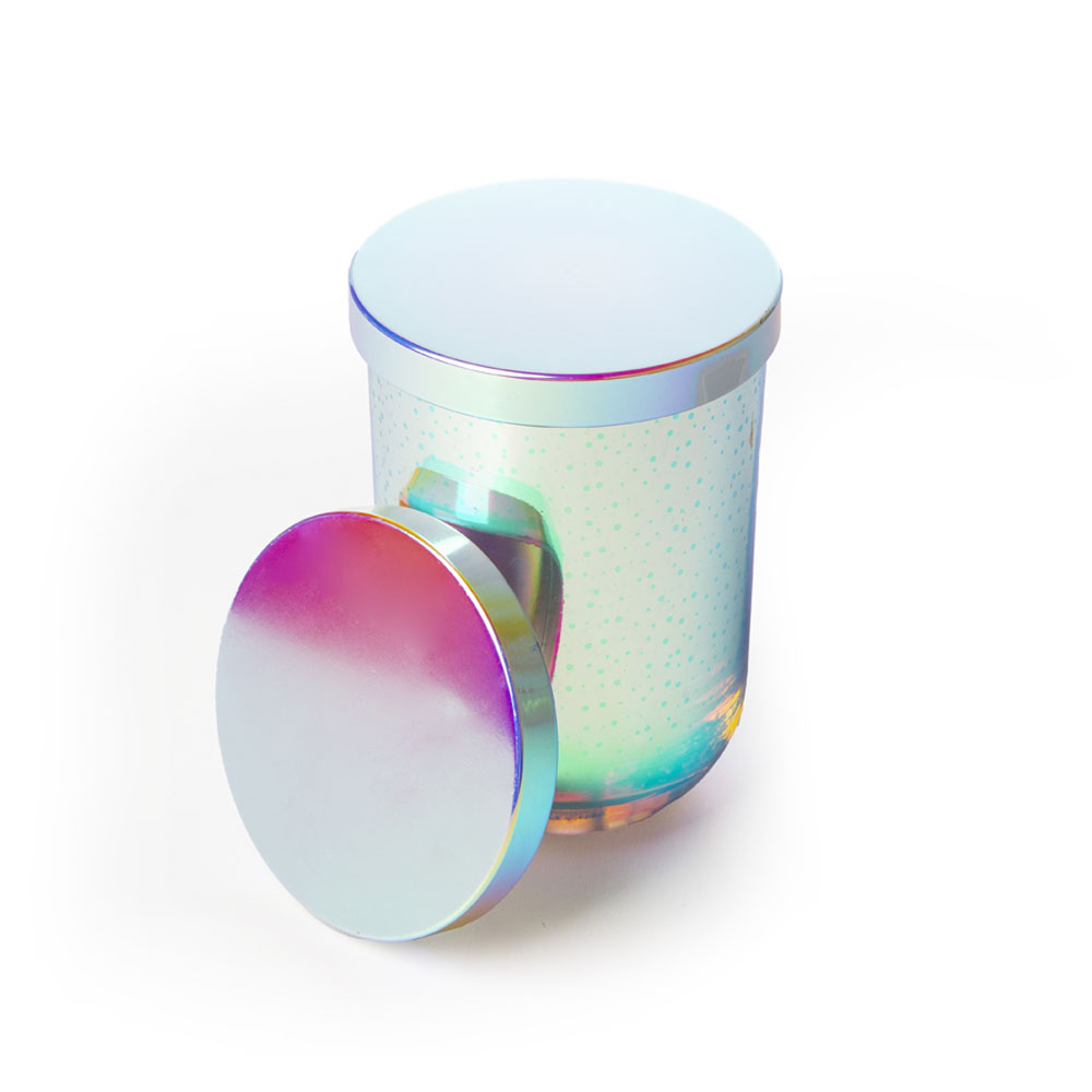 Tapa de metal iridiscente a juego con tarro de vela iridiscente