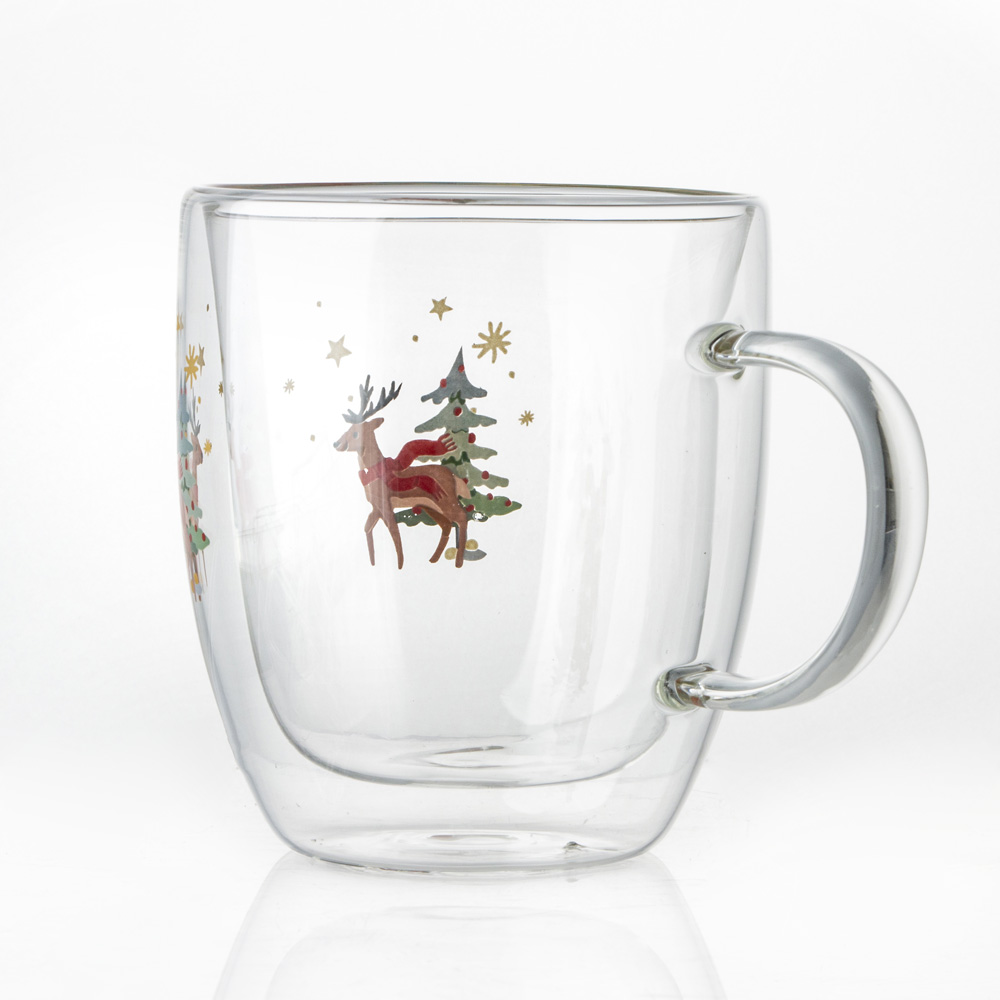 Taza de café de vidrio de doble pared de borosilicato con mango para vacaciones