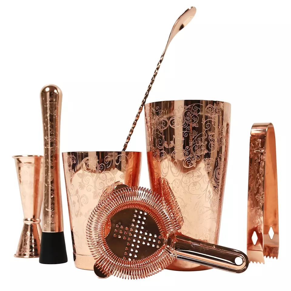 Etch Design Plated Copper Food Grade Stainless Steel Cocktail Shaker Set