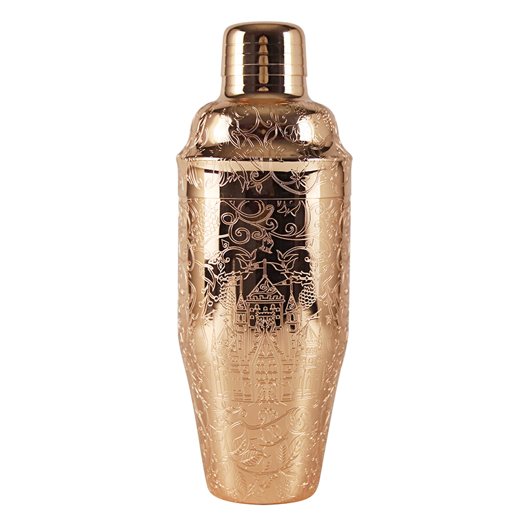 New Design Etching Bartender Tools Stainless Steel Gold Cocktail Shaker