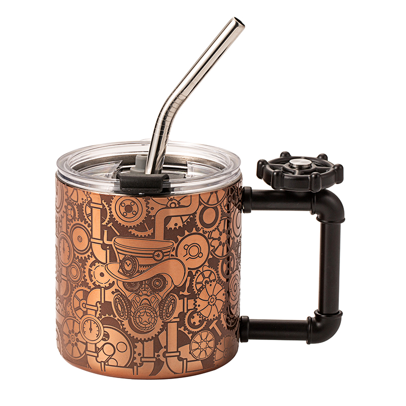 Etch Design Double Walled Stainless Steel Coffee Mug With Gyro Handle
