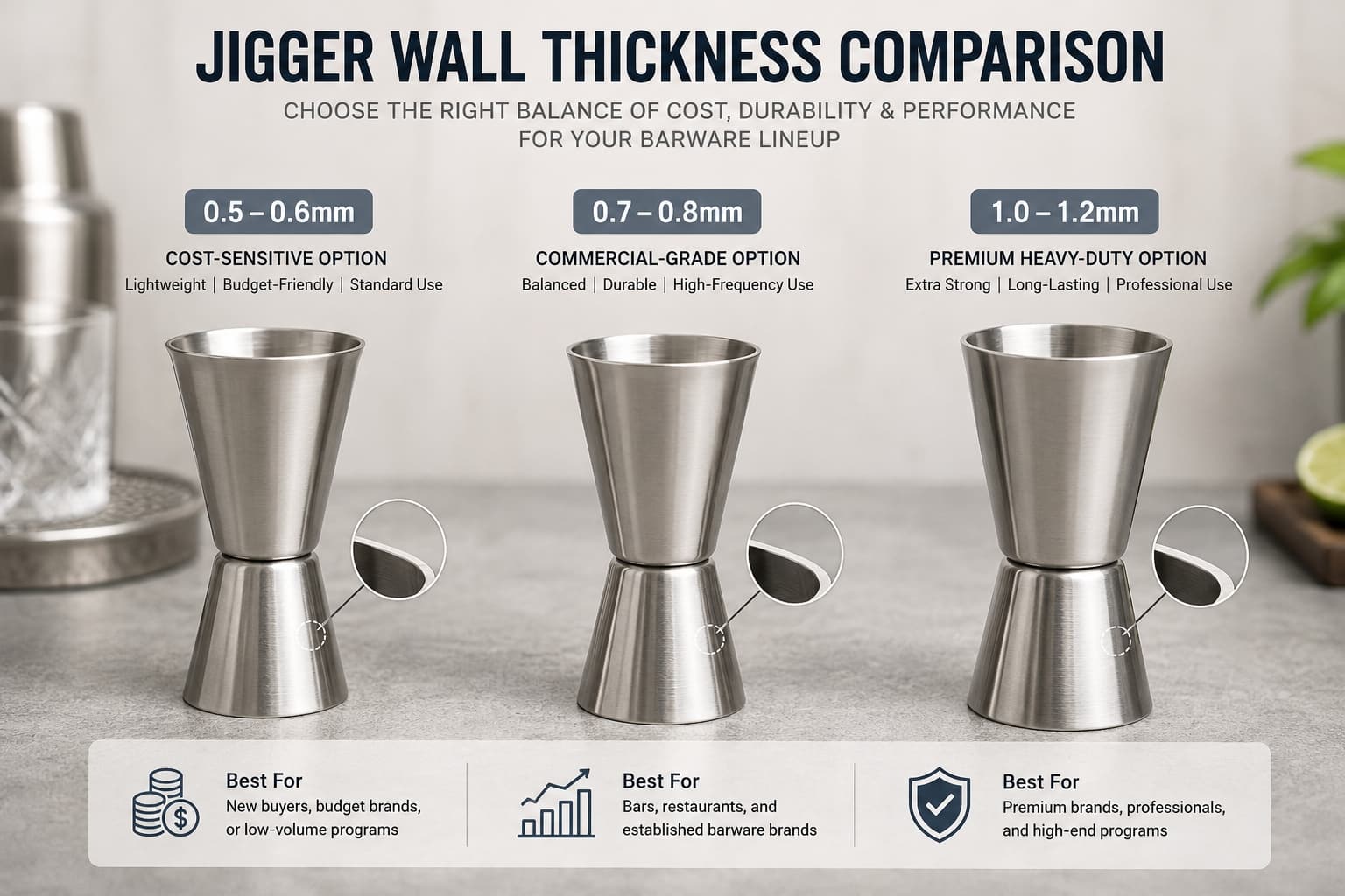 Jigger wall thickness comparison guide showing 0.5mm, 0.7mm and 1.0mm stainless steel jiggers for wholesale barware buyers