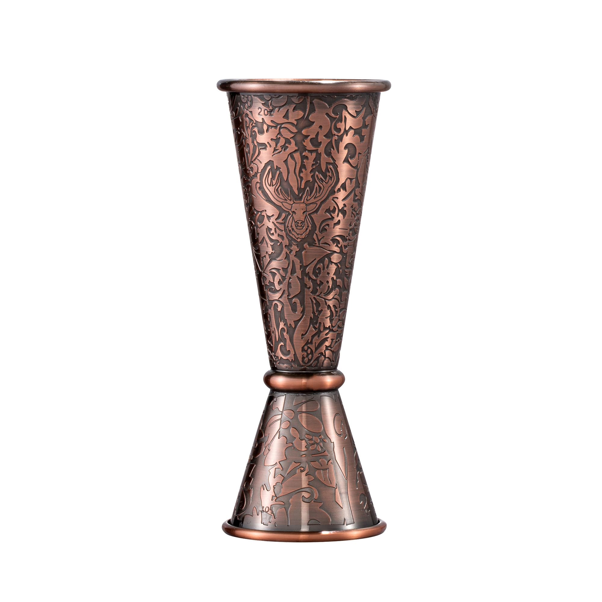 Copper etched stainless steel jigger with decorative pattern for custom wholesale barware